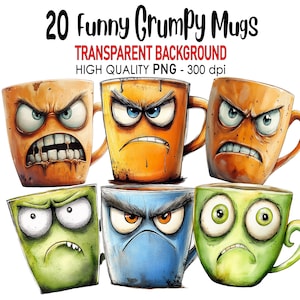 Puede incluir: Conjunto de 20 ilustraciones digitales de tazas divertidas y gruñonas con diversas expresiones. Las tazas son de diferentes colores, incluyendo verde, azul, naranja y marrón. Cada taza tiene una expresión facial única, como fruncir el ceño, enfadarse o sorprenderse. El fondo es transparente.