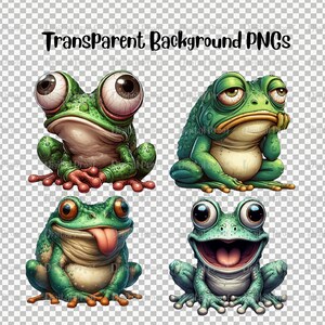 May include: Four cartoon frogs with different expressions. The frogs are green with large eyes and are sitting on a transparent background.