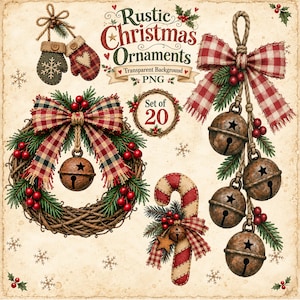 Puede incluir: Una colección digital de 20 adornos navideños rústicos que incluye una corona con un lazo de cuadros y un cascabel, un bastón de caramelo, manoplas y un grupo de cuatro cascabeles con un lazo de cuadros. El texto dice Rustic Christmas Ornaments Set of 20.