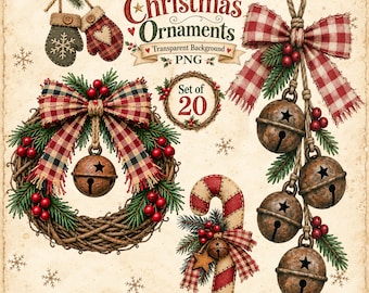 Rustic Christmas Ornaments PNG Clipart, Primitive Holiday Decor (Digital Download)