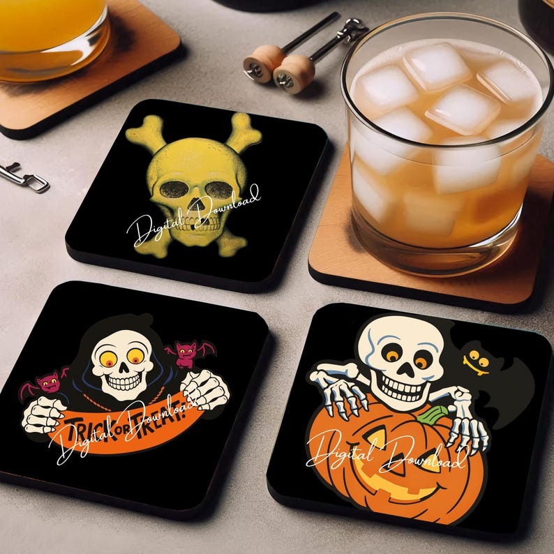 Może przedstawiać: Zestaw czterech kwadratowych podkładek pod napoje o tematyce Halloween. Wzory obejmują ż&oacute;łtą czaszkę i skrzyżowane piszczele, ponurego żniwiarza z nietoperzami i szkielet z dynią. Każda podkładka ma napis "Digital Download".