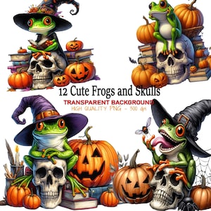 Cute Frogs and Skulls Halloween Clipart 12 PNG Transparent Background Digital Download Sublimation Print Stickers, Spooky Season Pumpkins