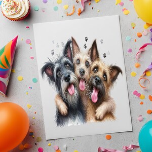 May include: A rectangular print featuring a black, a tan, and a brown dog with shaggy fur, all with tongues out and paws around each other. The dogs are surrounded by small grey paw prints on a white background, creating a festive canine illustration.
