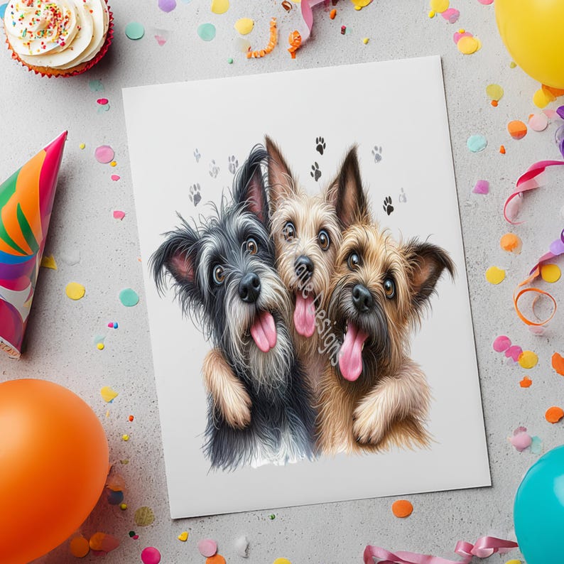 May include: A rectangular print featuring a black, a tan, and a brown dog with shaggy fur, all with tongues out and paws around each other. The dogs are surrounded by small grey paw prints on a white background, creating a festive canine illustration.