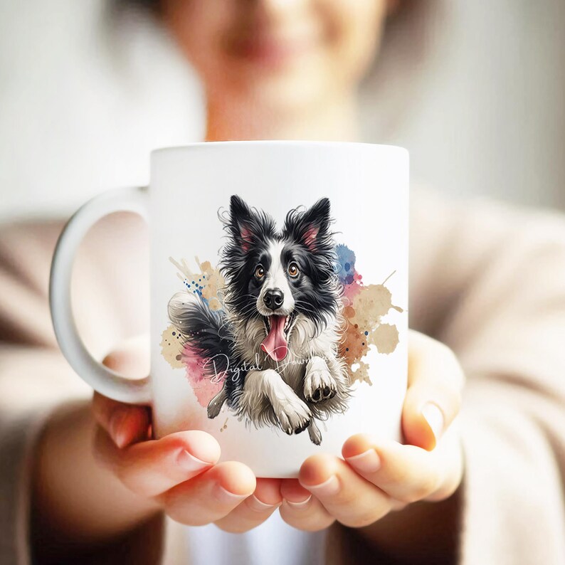 May include: White ceramic mug with a colorful watercolor background featuring a black and white border collie dog with its tongue sticking out. The dog is running and has a happy expression.