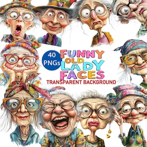 40 drôle de vieille dame visages clipart PNG fond transparent téléchargement numérique de haute qualité estampes, sublimation, aquarelle impertinent senior