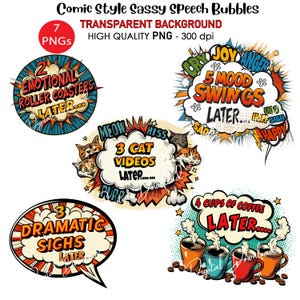 Fumetti divertenti, nuvole, clipart - PNG, sfondo trasparente, adesivi per album, diari, agende, sublimazione, fumetti, citazioni impertinenti, detti