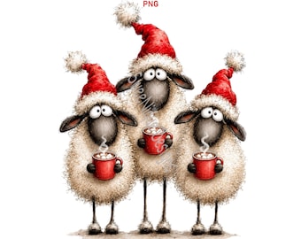Whimsical Christmas Sheep Clipart PNG, Funny Festive Holiday Graphics, Digital Download