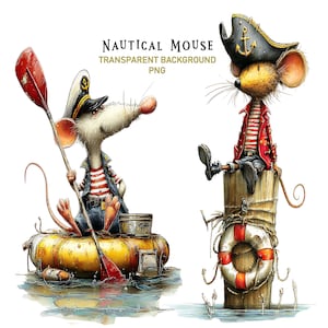 May include: Illustration of two nautical mice. One mouse rows a red paddle on a yellow raft, wearing a captain's hat and striped shirt. The other mouse, dressed as a pirate, sits on a wooden post with a life preserver, wearing a pirate hat and red jacket. Text reads "Nautical Mouse".