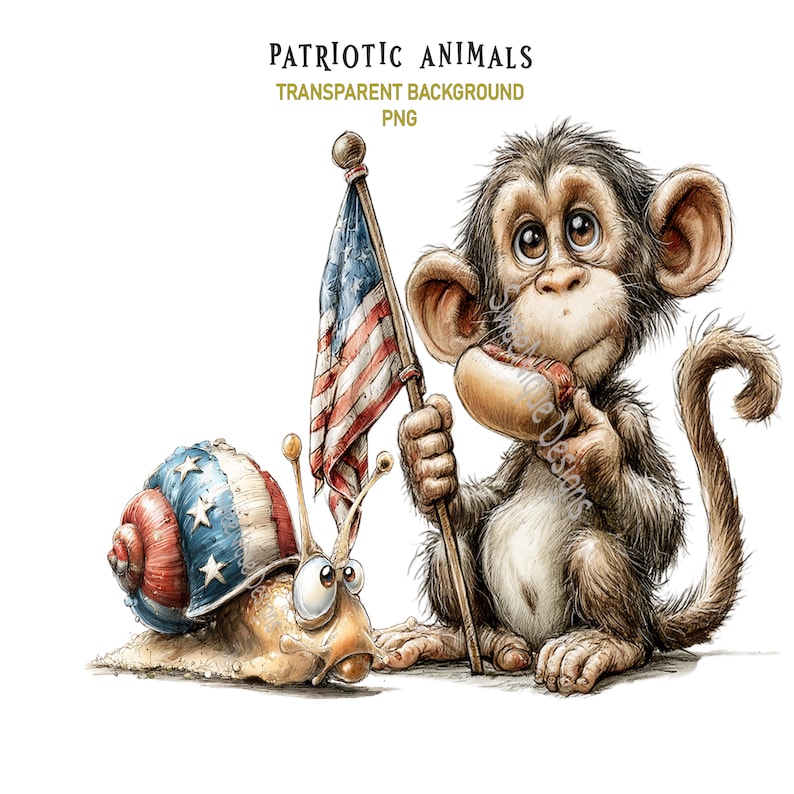 A collection of 12 funny, whimsical 4th of July patriotic animal clipart graphics in a detailed, sketch-style illustration format. The set includes a monkey eating a hot dog, a bug-eyed snail with a flag shell, a raccoon eating watermelon, an owl with a sparkler, a squirrel with a patriotic popsicle, plus a hedgehog, fox, turtle, mouse, and chicken. All characters feature vibrant red, white, and blue American flag themes perfect for sublimation and crafting.