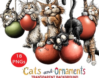 Könnte beinhalten: Skurrile Illustration von fünf Cartoon-Katzen, die mit Weihnachtsschmuck interagieren. Die Katzen in verschiedenen Farben hängen an Schnüren und halten rote und grüne Kugeln. Der Text lautet "Cats and Ornaments" und "Transparent Background."