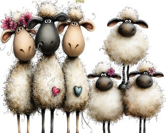 Whimsical Sheep PNG Clipart: 12 Funny Farm Animal Graphics Transparent Background (Digital Download)