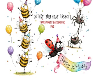 Quirky Birthday Insect Clipart, PNG Cartoon Bug Illustrations, Transparent Background Digital Download for Sublimation and Print
