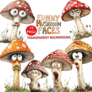 15 transparenten Hintergrund Lustige Pilz-Gesichter Clip Art, PNG 300 dpi Hochwertiger digitaler Download Druck-Tshirt-Tasse Sublimation, Fliegenpilze