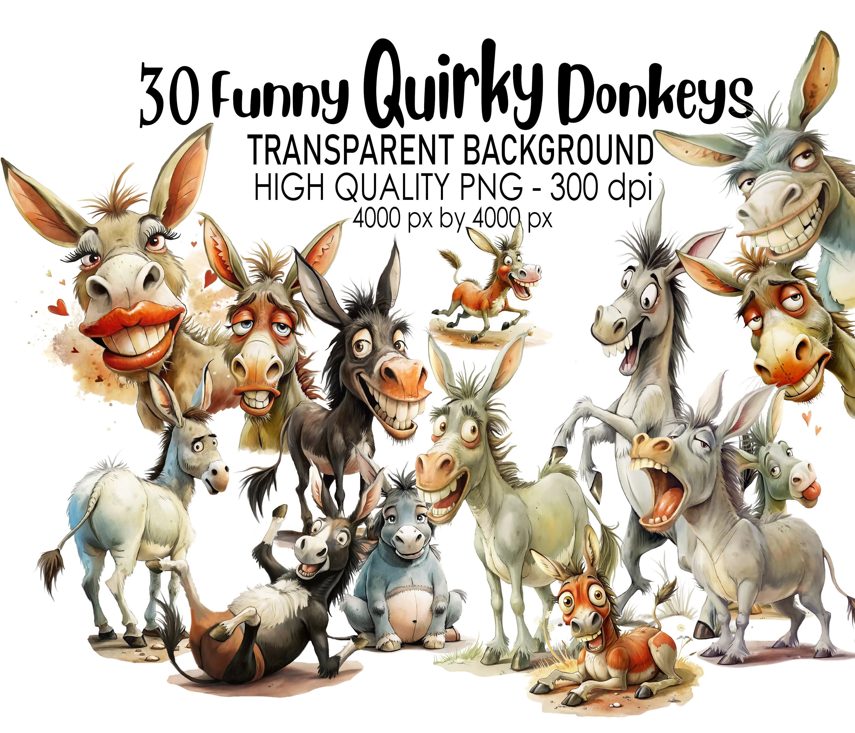 30 Transparent Background Funny Quirky Donkey Clip Art, PNG 300 dpi High Quality Digital Download Prints, Watercolor Style, Sublimation
