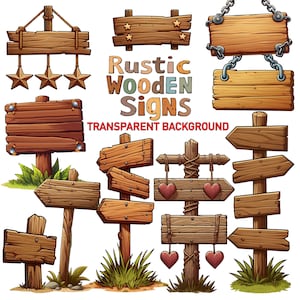 May include: A set of rustic wooden signs with various shapes and sizes. The signs are made of brown wood and have a distressed look. Some signs have hanging chains and hearts. The signs are isolated on a transparent background. Rustic Wooden Signs - Transparent Background.