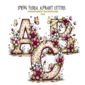 Puede incluir: Ilustración en acuarela de las letras A, B y C, adornadas con flores de primavera y mariposas. Las letras tienen un diseño estampado y están rodeadas de flores rosas, blancas y moradas, con mariposas revoloteando a su alrededor. El texto en la parte superior dice "Spring Floral Alphabet Letters".