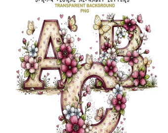 Floral Alphabet Letters Clipart, 26 PNG Watercolor  Graphics, Transparent Background, Digital Download
