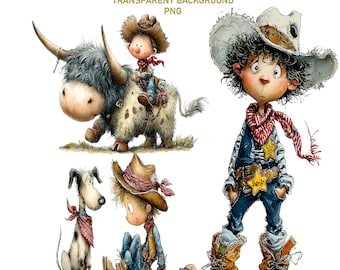 Kids Western Clipart, 14 PNG Cowboy Adventure Graphics Transparent Background Digital Download