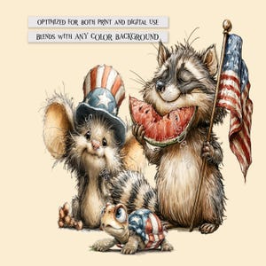 May include: A digital illustration featuring a raccoon eating a slice of watermelon and holding an American flag, a mouse wearing a patriotic top hat, and a turtle with a star-spangled shell. Text reads: OPTIMIZED FOR BOTH PRINT AND DIGITAL USE.