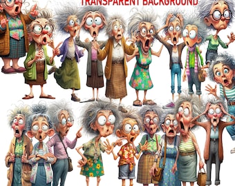 36 Transparent Background Funny Sassy Dramatic Old Lady Clip Art, PNG High Quality Digital Download Prints, Seniors Sublimation Sarcastic