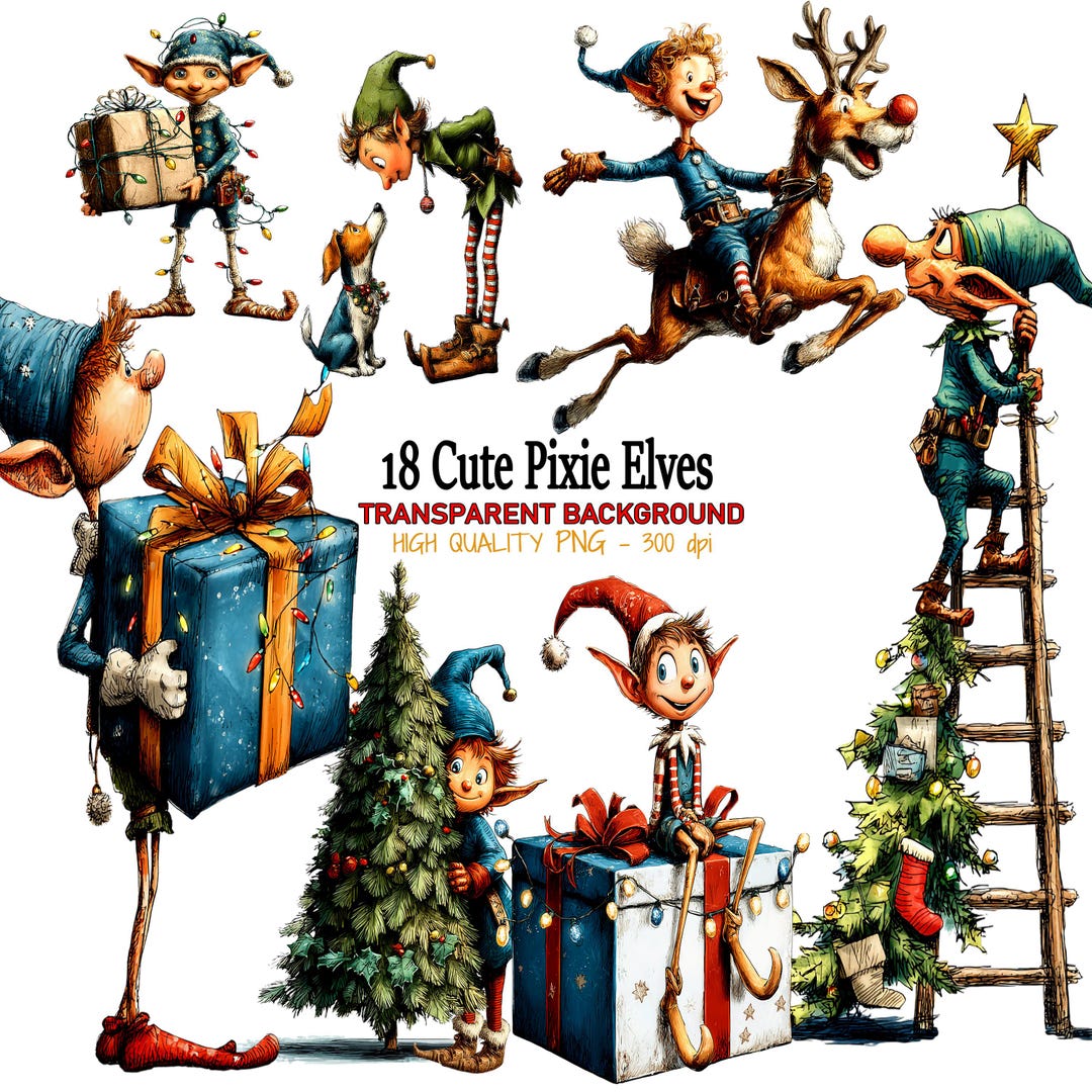 Funny Christmas Elves PNG Clipart: 18 Transparent Background Digital ...