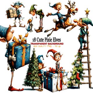 Puede incluir: Una colección de 18 ilustraciones de duendes pixie caprichosos. Los duendes se representan en varias poses, algunos sosteniendo regalos, montando un reno y decorando un árbol de Navidad. La imagen incluye el texto "18 Cute Pixie Elves, Transparent Background, High Quality PNG - 300 dpi."