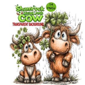May include: Two cartoon Highland cows with shamrocks. One cow is sitting, the other is standing in the rain. The image includes the text "Shamrock Highland Cow Transparent Background" and "14 PNGs".