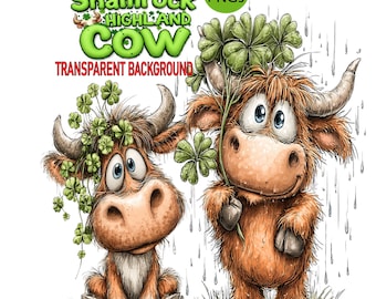 Shamrock Highland Cow PNG Clipart: 14 Whimsical St Patrick's Day Graphics Transparent Background Watercolor Sublimation Print