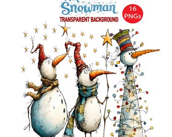 Whimsical Snowmen PNG Clipart | 16 Quirky Christmas Characters | Transparent Background | Sublimation, Print, Cards, Journals