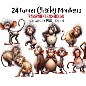 Puede incluir: Un conjunto de 24 ilustraciones digitales de monos divertidos y traviesos con fondos transparentes. Los monos se representan en varias poses y expresiones, algunos con ropa y otros sin ella. Las ilustraciones son archivos PNG de alta calidad a 300 dpi.