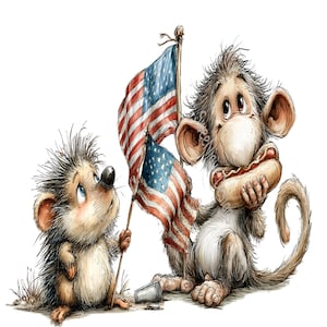 May include: A whimsical illustration of a small hedgehog holding a wooden pole with two American flags attached, standing next to a monkey with brown fur holding a hot dog in a bun. The art style features sketch-like lines and soft shading.