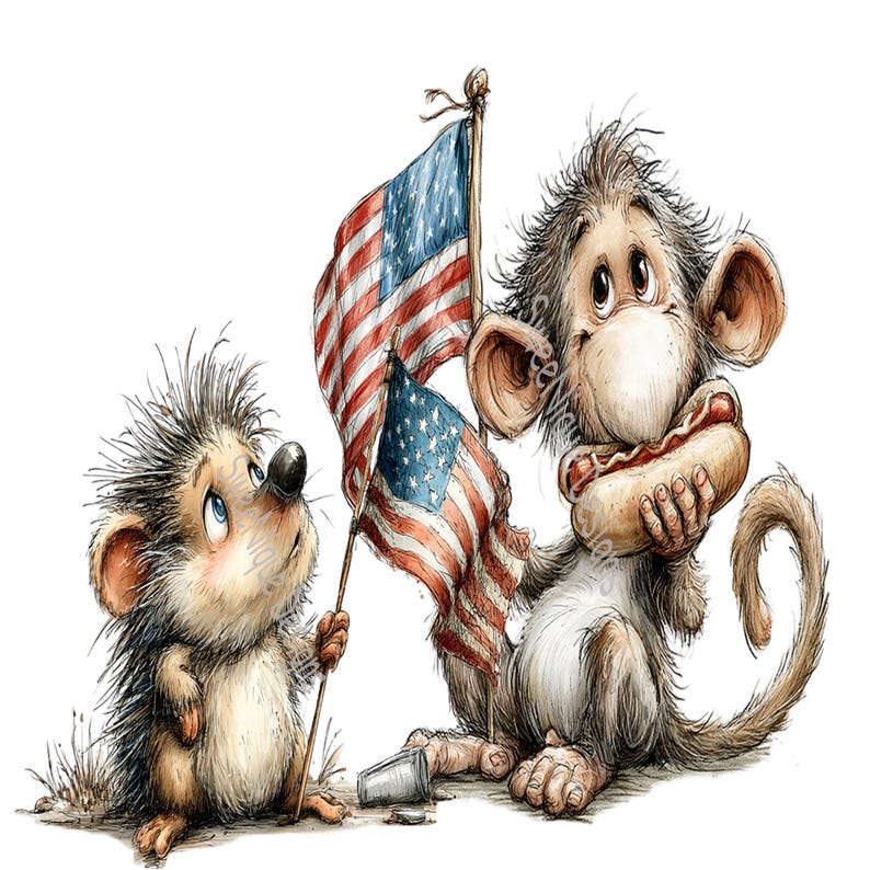 May include: A whimsical illustration of a small hedgehog holding a wooden pole with two American flags attached, standing next to a monkey with brown fur holding a hot dog in a bun. The art style features sketch-like lines and soft shading.