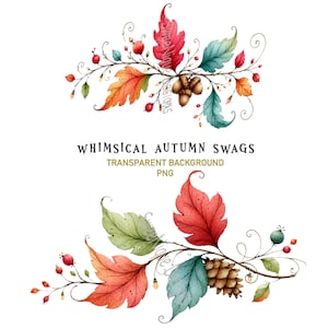 Autumn Swag Wreath PNG Clipart, Fall Flower Elements, Watercolor, Transparent Background, Digital Download