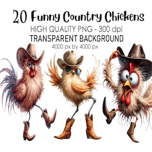 Peut inclure: Trois poulets de dessin animé portant des chapeaux de cow-boy et des bottes. Les poulets sont dans différentes poses, l'un tenant son chapeau dans son bec. L'arrière-plan est transparent.