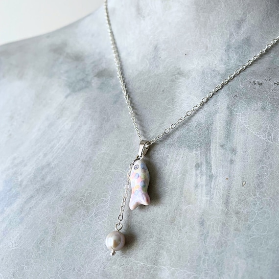 Handmade Fish Necklace With Freshwater Pearl Pendant Hand