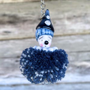 Handmade sad Pierrot keychain, whimsical melancholy clown pompom doll bag charm, gothic fantasy themed backpack pendant, circus lovers gift