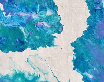 La touche de la vague - Peinture acrylique abstraite bleue, turquoise et blanche sur toile