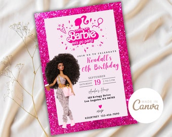 Editable Doll Birthday Invitation, Doll Invitation, Hot Pink Birthday Party Invitation, Pink Doll Invites, Digital Kid Party Canva
