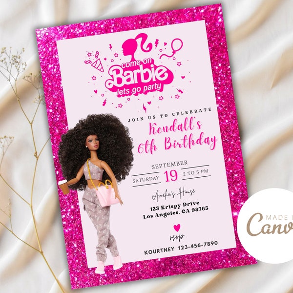 Editable Doll Birthday Invitation, Doll Invitation, Hot Pink Birthday Party Invitation, Pink Doll Invites, Digital Kid Party Canva