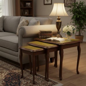 Vintage Nesting Tables Set 3-Tooled Leather Top-Queen Anne Wood-Side-End-Accent