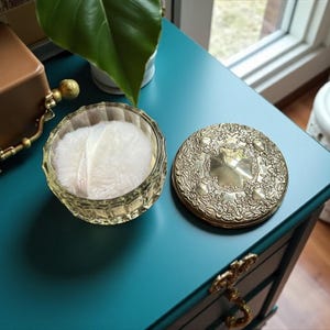 Vintage Glass Powder Jar w Silverplate Lid & Mirror-Dresser Vanity Jar-Trinket