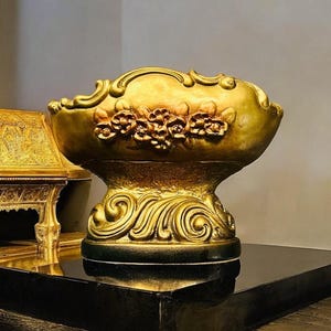 Vintage Art Nouveau Planter-Centerpiece Bowl-Fruit-Gold Bronze Painted-Pedestal