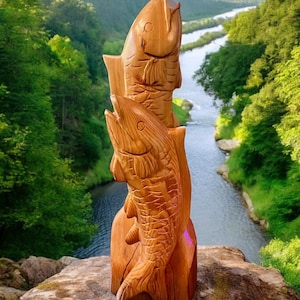Vintage Carved Solid Wood Fish Statue-3ft Tall-Trout-Carp-Sculpture-Cabin-Rustic