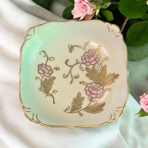 Vintage Pink Floral Trinket Dish-Hand Painted-Gold Enamel-Flower-German-Soap