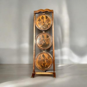 3 Tier Folding Muffin Stand-Carved Wood-Pie Cake-Tea Plant-Vintage-Display
