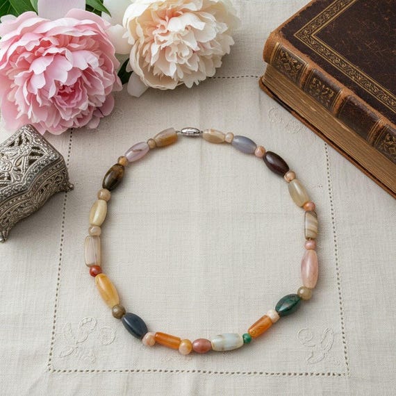 Vintage Multi Stone Agate Necklace-Jasper-Bloodstone-Gem-Bead-Boho-Earth-Artisan
