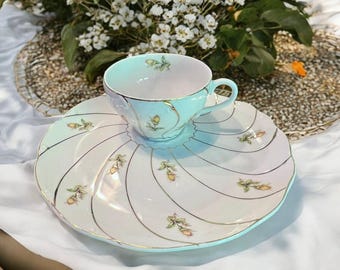 ✵・やまか・✵ YAM86 by Yamaka China, Blue Flowers, Pink & Gold Leaves