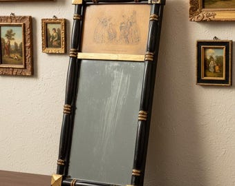 Espejo victoriano antiguo Godey con estampado de moda de 1847 - Marco negro y dorado - Pared - Estilo Eastlake