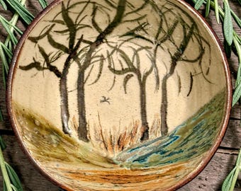 Cuenco de cerámica de estudio de Janet Resnick - Firmado - Paisaje pintado a mano - Cerámica - Vintage